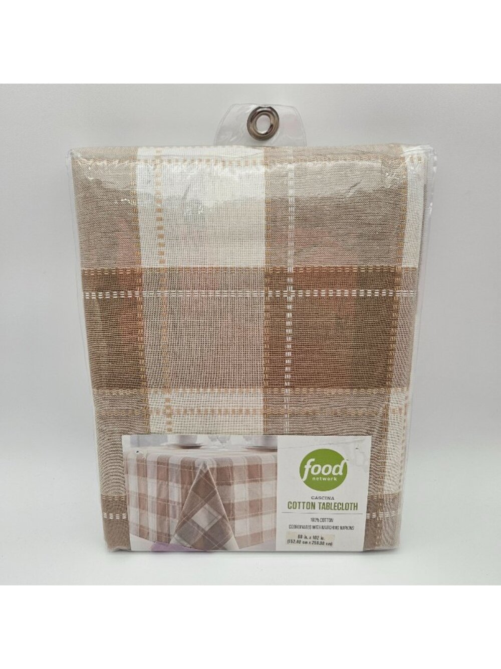 Food Network Tan Beige Plaid Cotton Tablecloth 60" x 102" Farm Cottage NOS